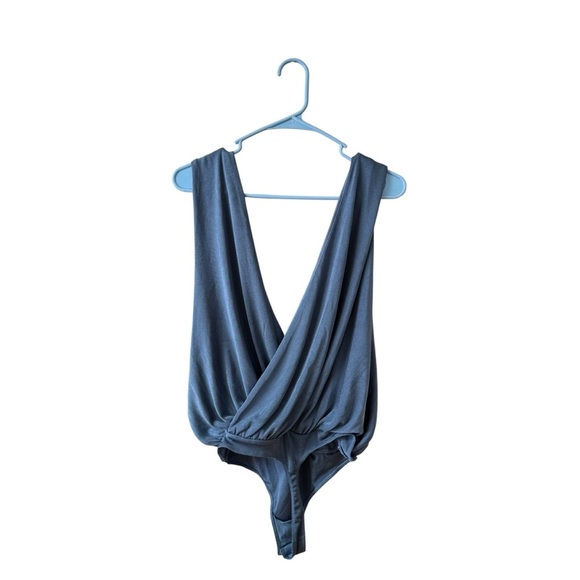 Intimately Free People Night Owl Bodysuit Size LG Blue Metal Feminine Plunging - Picture 5 of 12